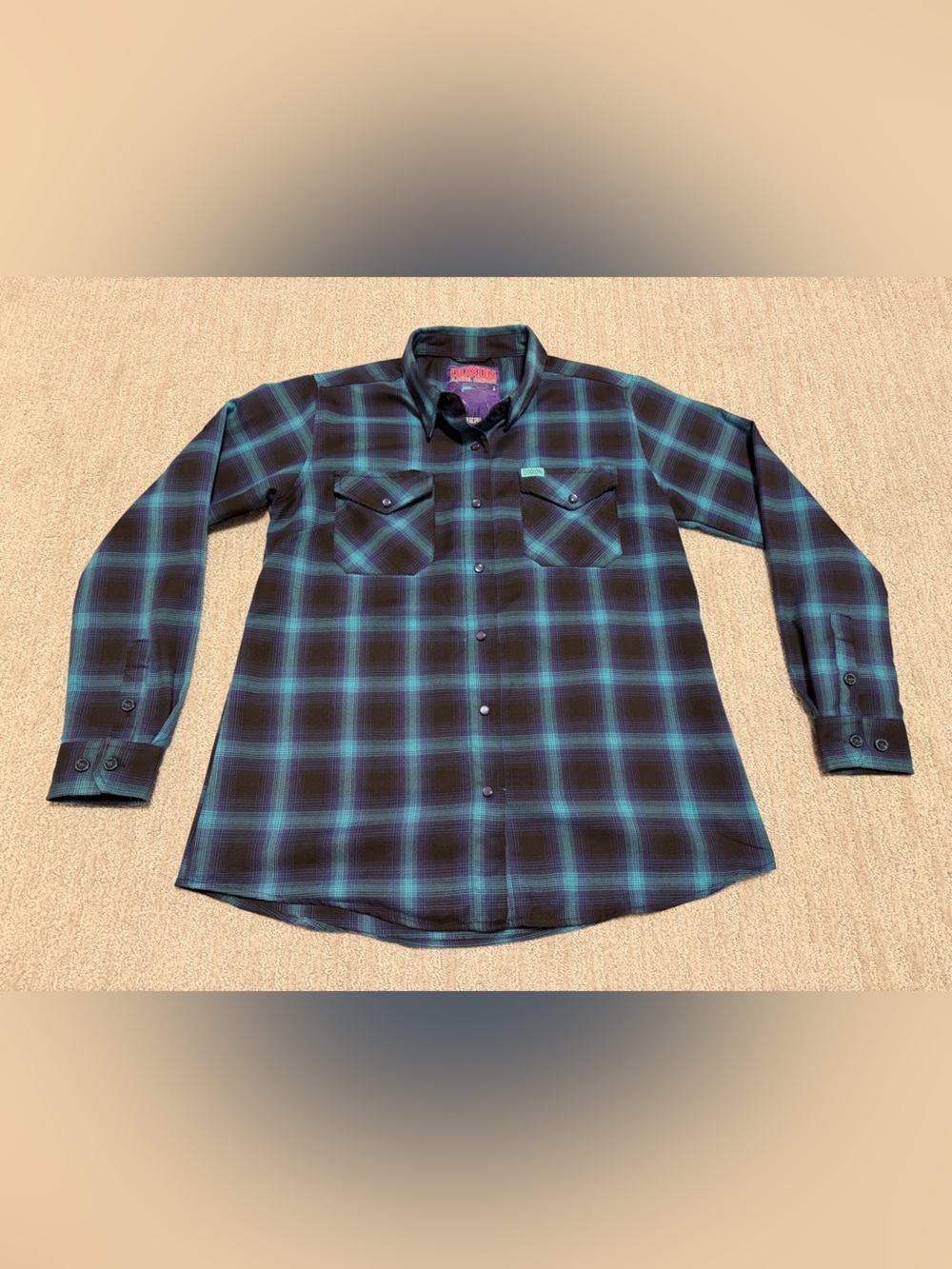 Dixxon Flannel Womens Large Borealis Button Down Shirt Plaid Black Blue Purple